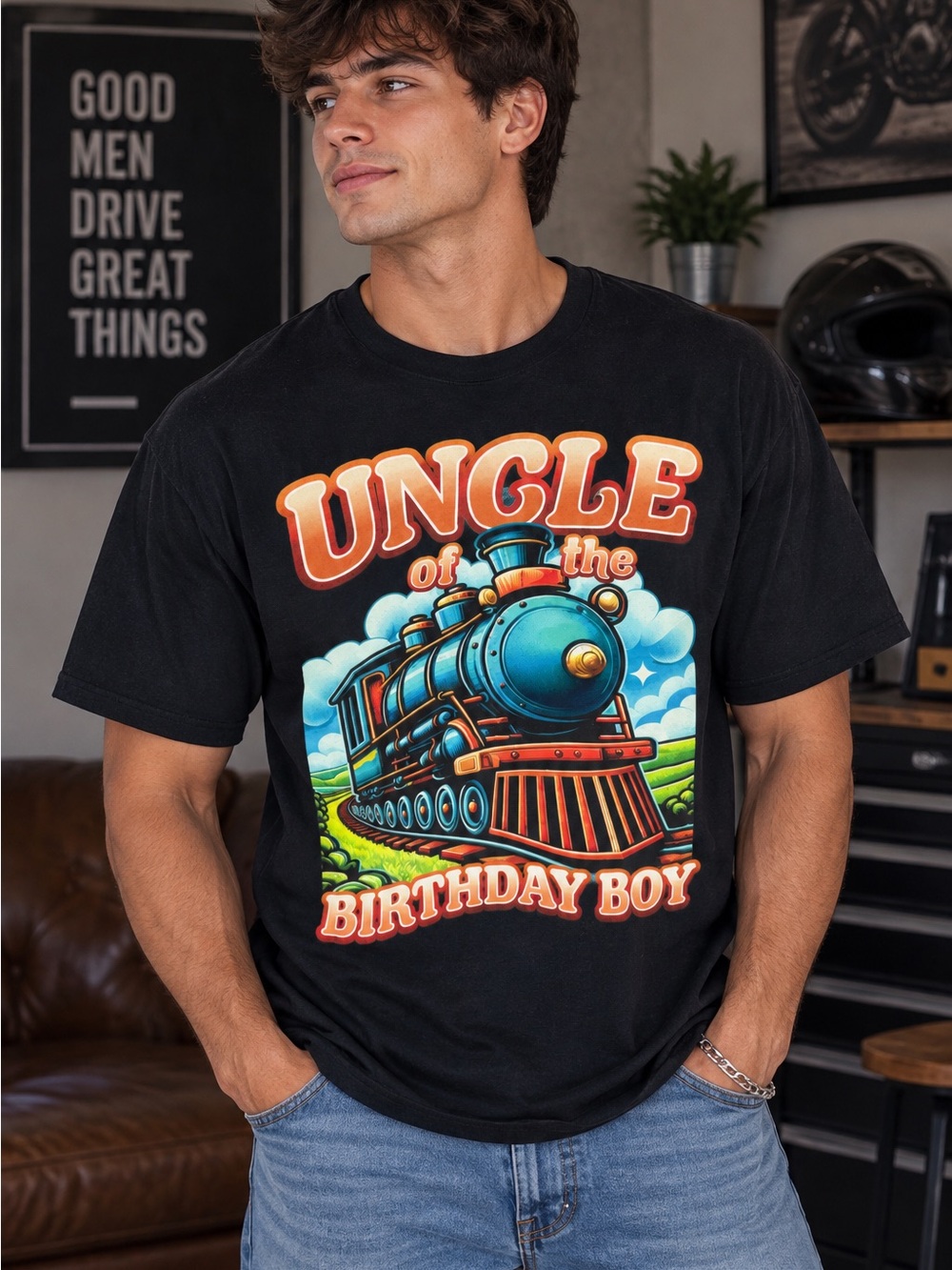 Gildan Black Tee with Colorful Train Birthday Graphic